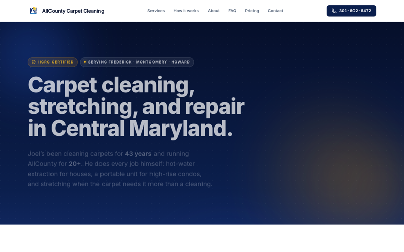 Screenshot of allcountycc.com — AllCounty Carpet Cleaning homepage with services and Frederick-area positioning