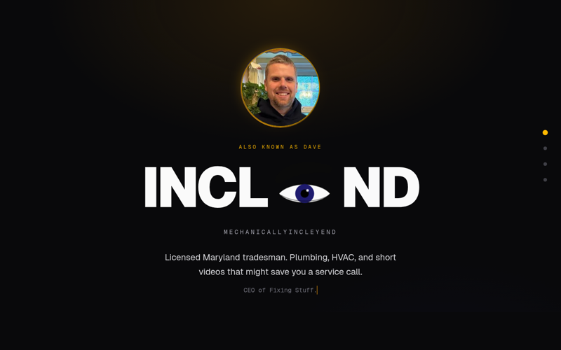 Screenshot of mechanicallyincleyend.com — dark-themed tradesman portfolio site with plumbing and HVAC positioning