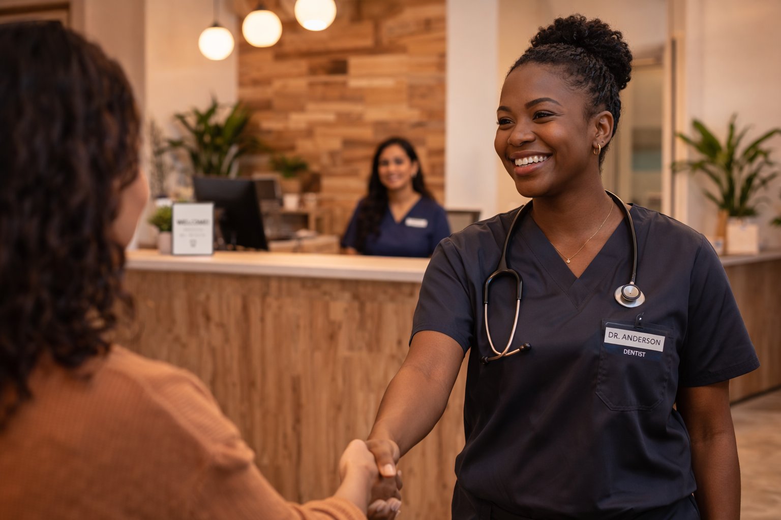 Dentist warmly greeting a new patient at the front of a modern dental practice, hygienist visible at the front desk in soft focus, natural wood accent wall