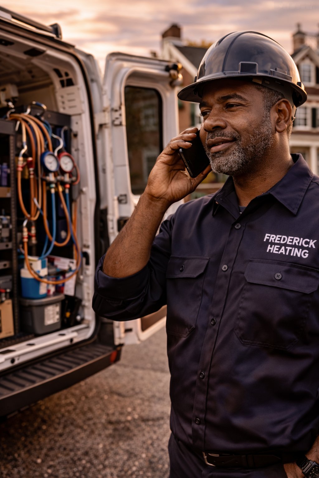 Frederick HVAC technician on the phone in front of an open service van stocked with copper refrigerant lines and gauges, taking a service call at golden hour, brick colonial home in the background
