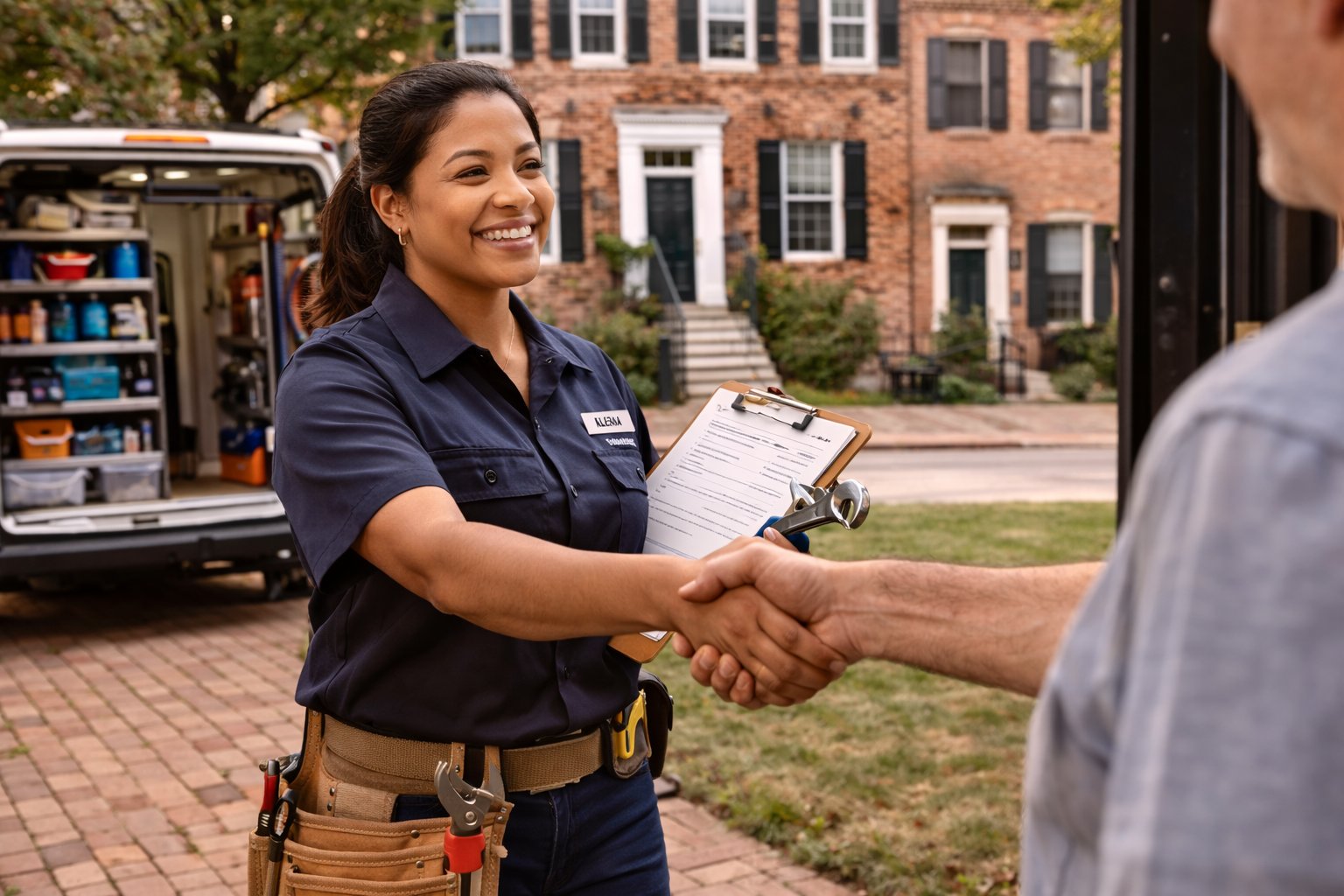 Frederick plumber arriving at a homeowner's door, smiling and shaking hands, tool belt and clipboard, service van with supplies in the driveway