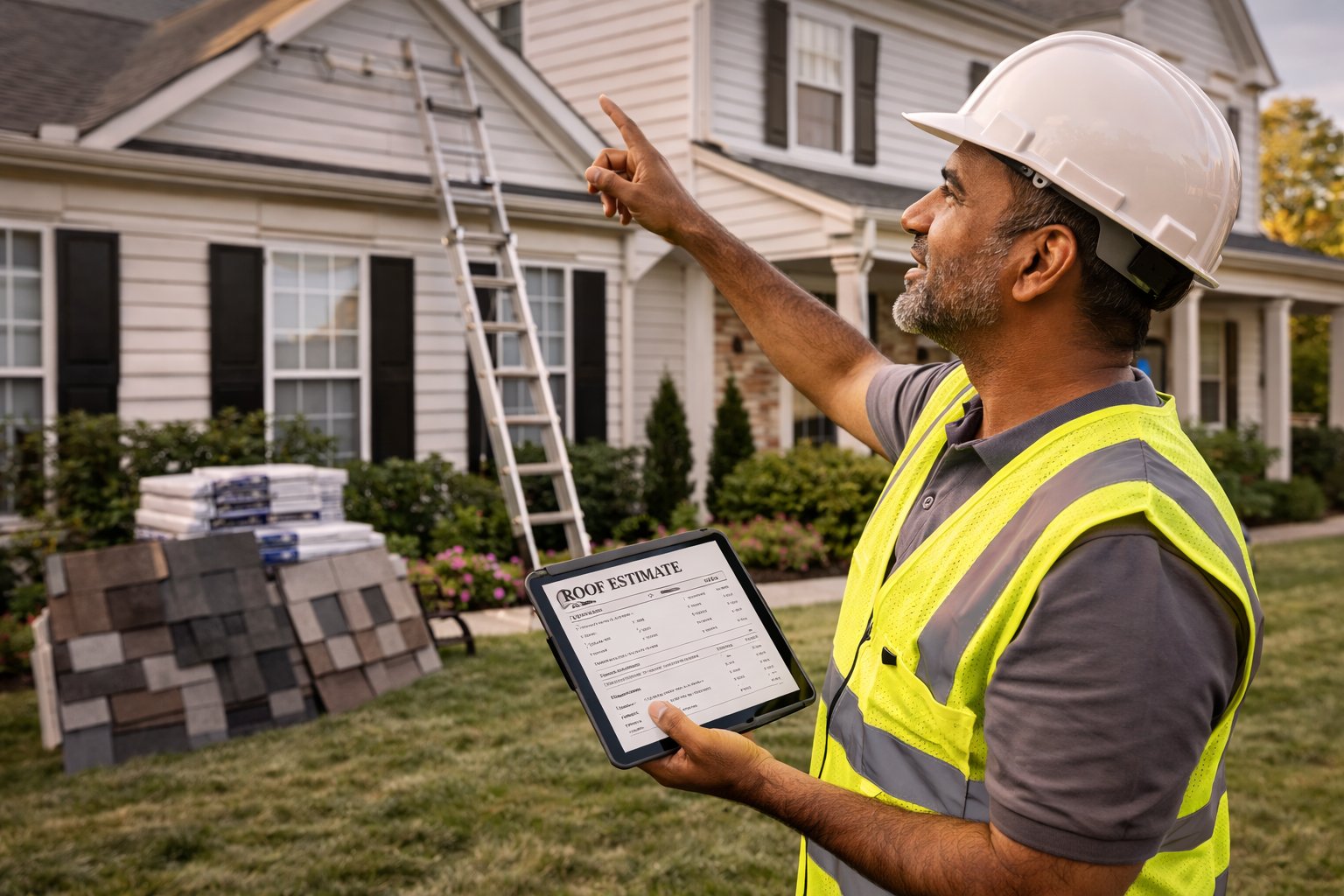 Roofing contractor in a hi-vis vest pointing up at a Maryland home's roofline, tablet showing a roof estimate, ladder against the house and shingle samples nearby
