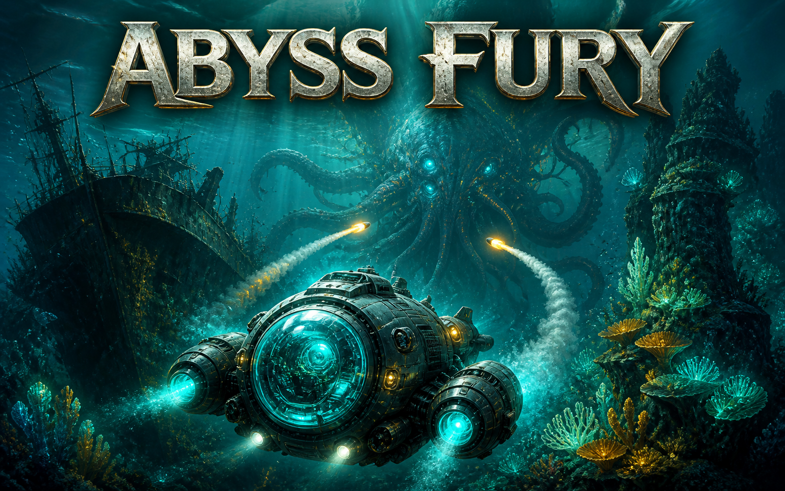 A submarine faces a glowing sea creature
