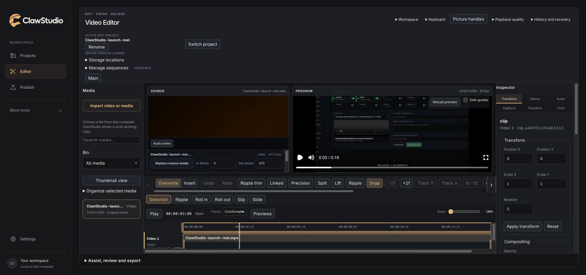 ClawStudio editor with media, source and program previews, picture controls and timeline