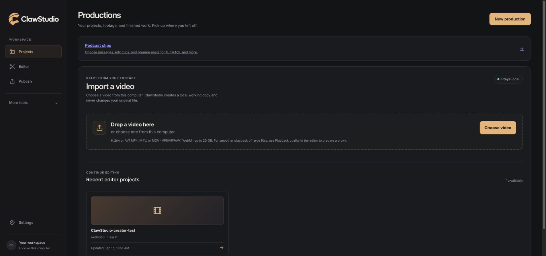 ClawStudio project library with local media import