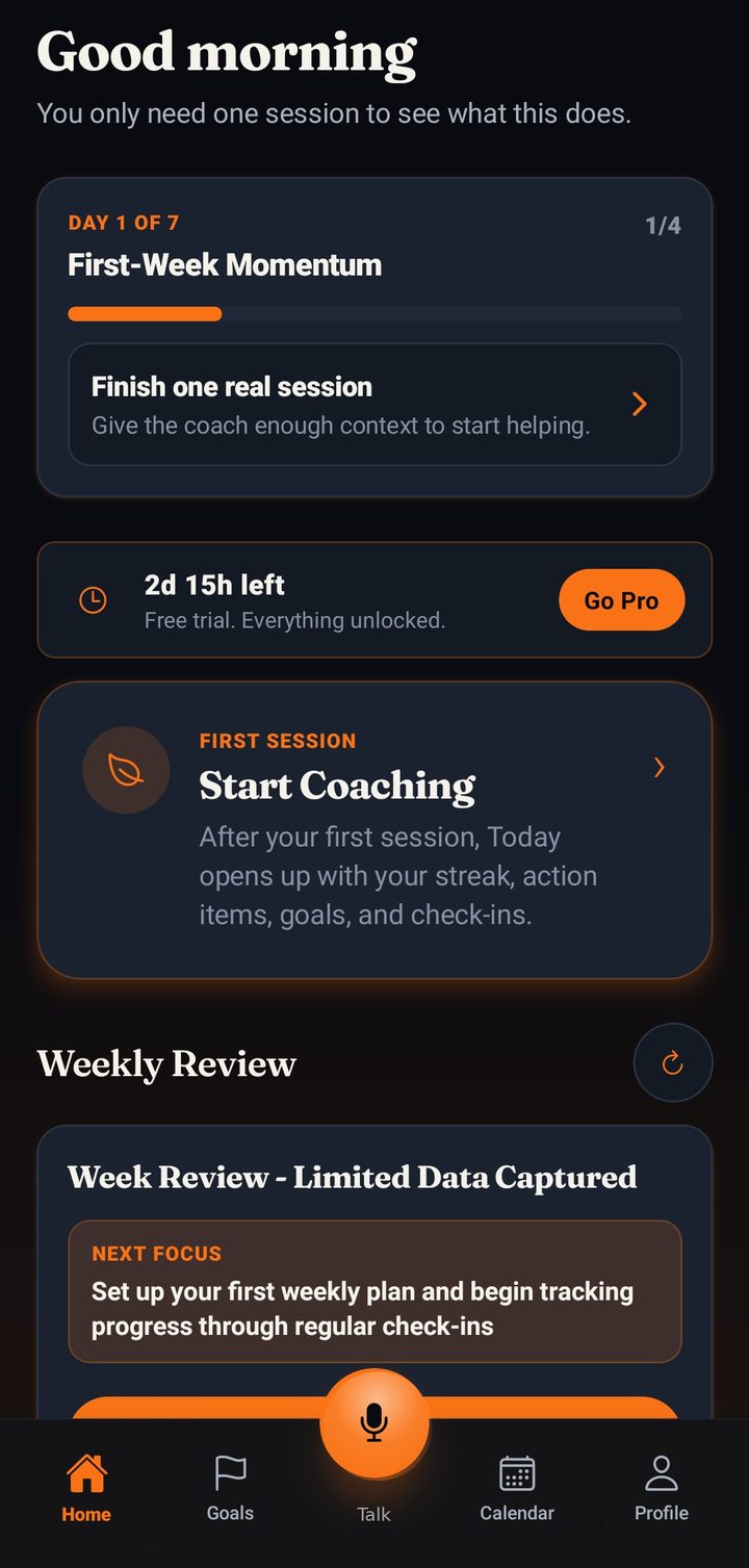 MeCoach home screen with a Start Coaching card