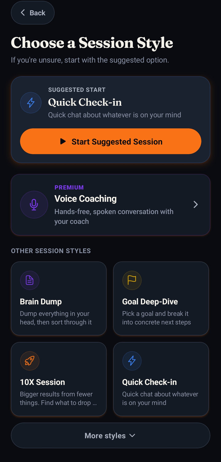 MeCoach session choices including Quick Check-in and Voice Coaching