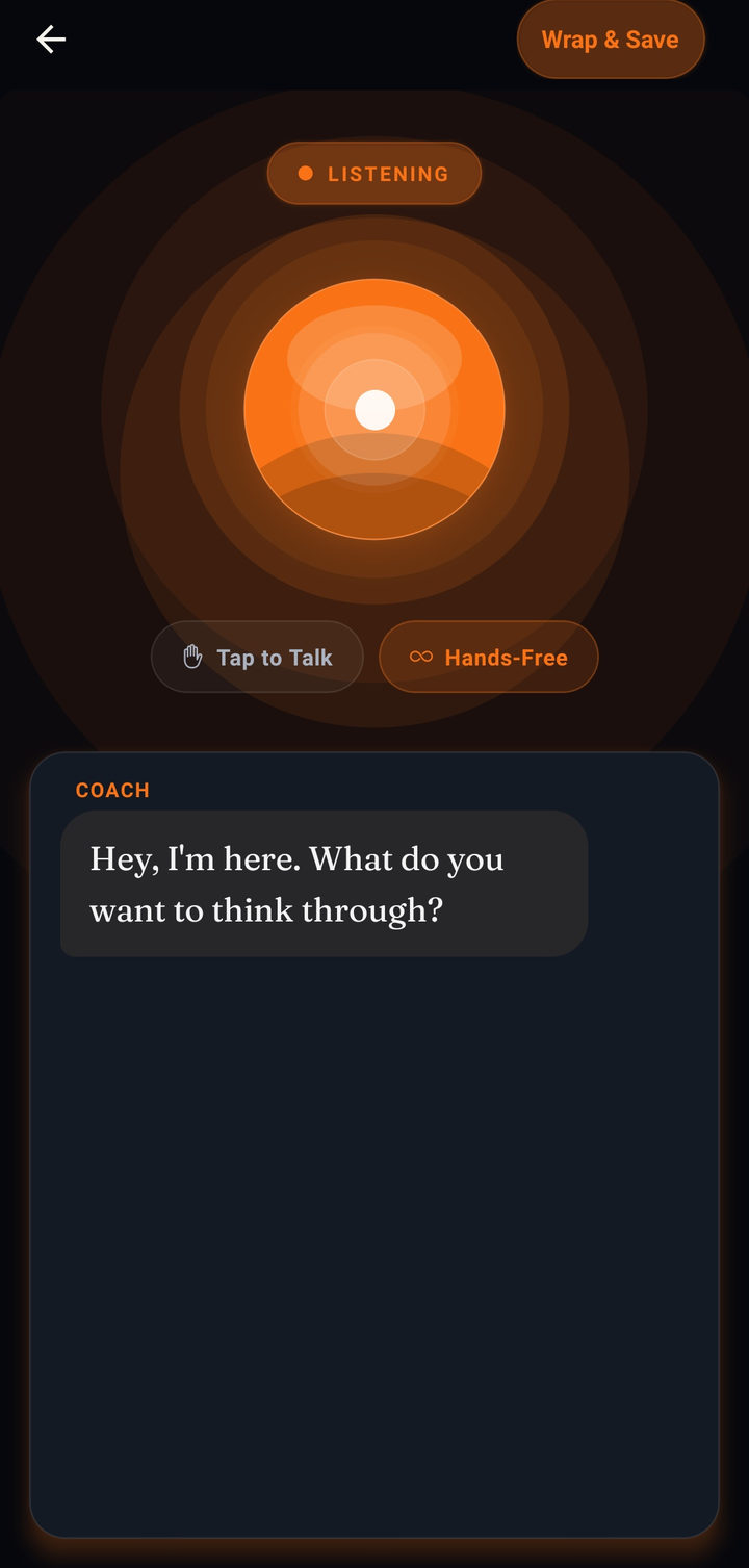 MeCoach voice conversation screen with Tap to Talk and Hands-Free controls