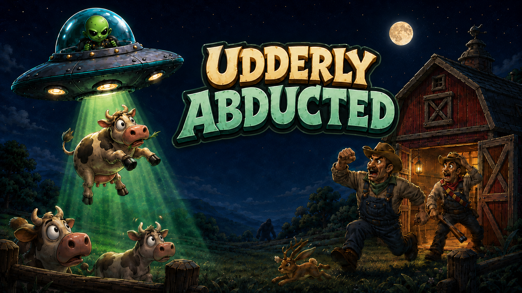 Udderly Abducted title art with a UFO and cows