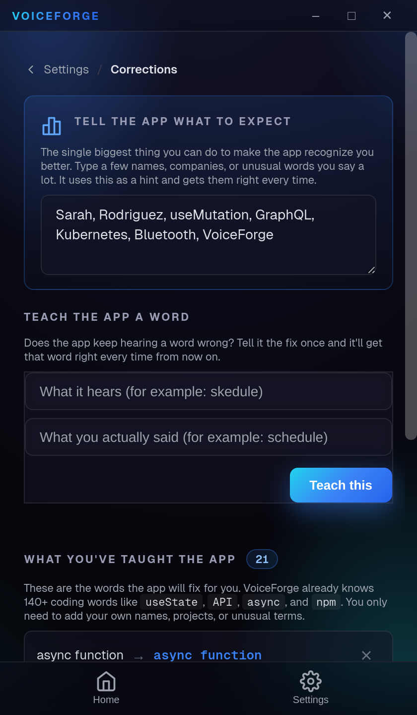 VoiceForge custom corrections and vocabulary settings