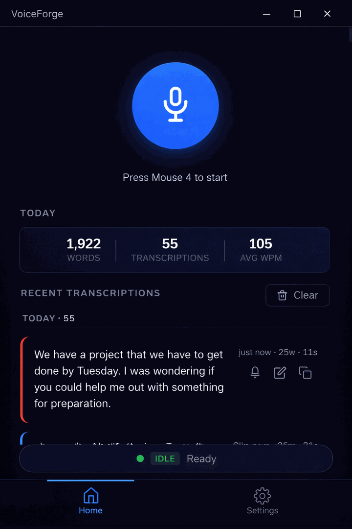 VoiceForge microphone controls and recent transcription history