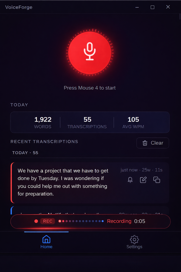 VoiceForge recording: pulsing red microphone, waveform visualizer, 'REC · Recording 0:05' timer